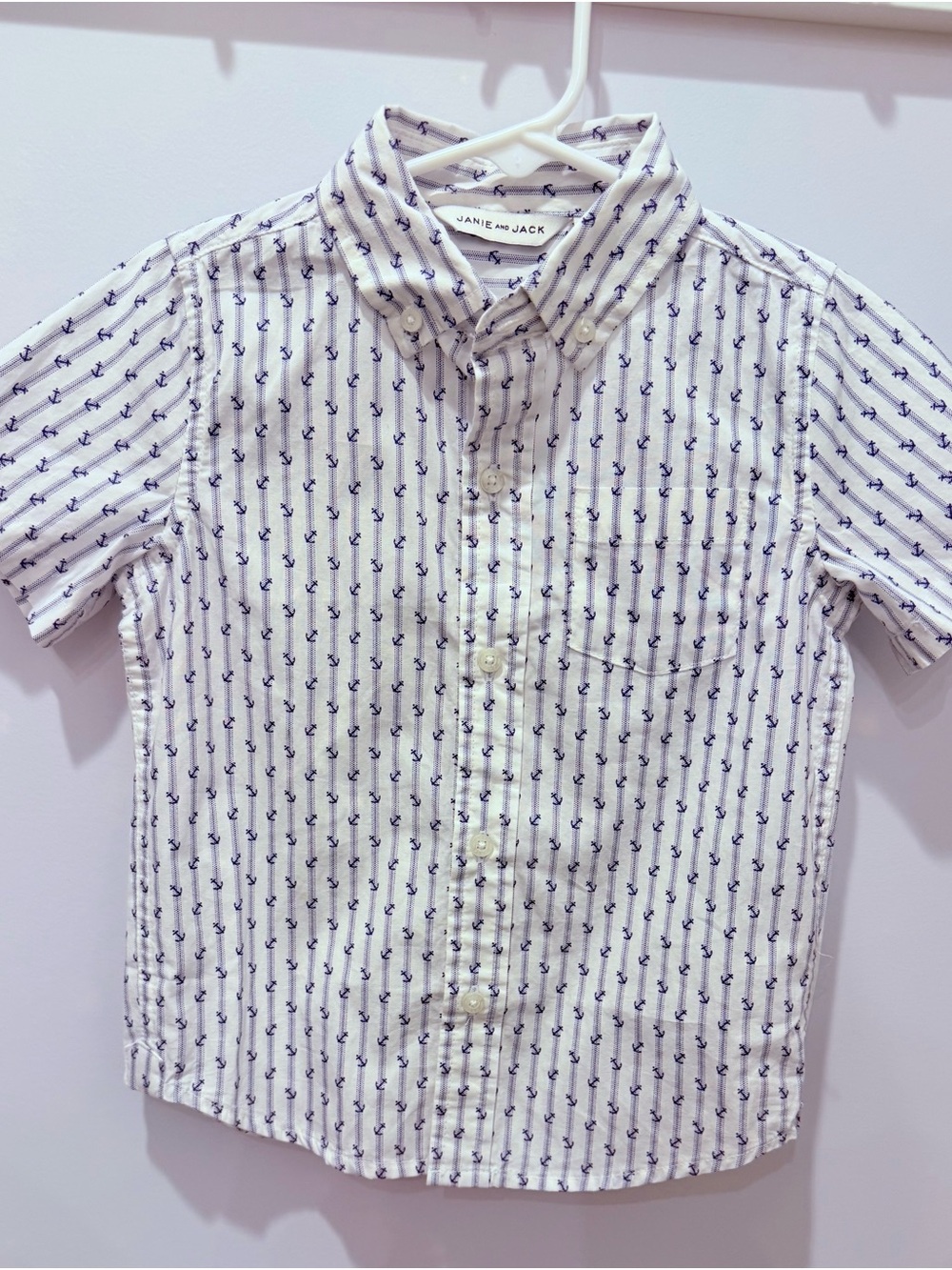 Janie and Jack White Button-Down Shirt with Navy Anchor Print